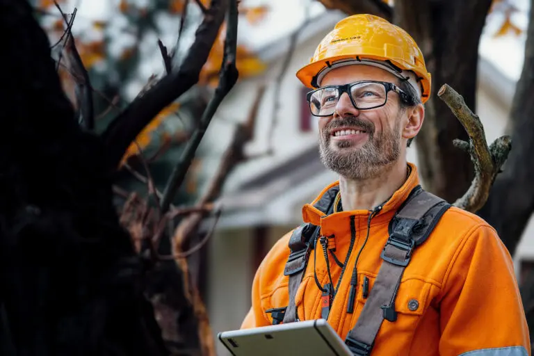 Professional landscape arborist technician using a tablet to provide a customer a quote on the outdoor job site, green service industry worker integrating with technology to keep customers happyÂ