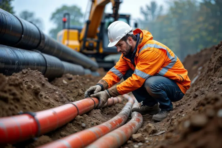 Pipeline installation worker. Construction worker in orange safety gear inspecting underground pipeline at excavation site with heavy machinery