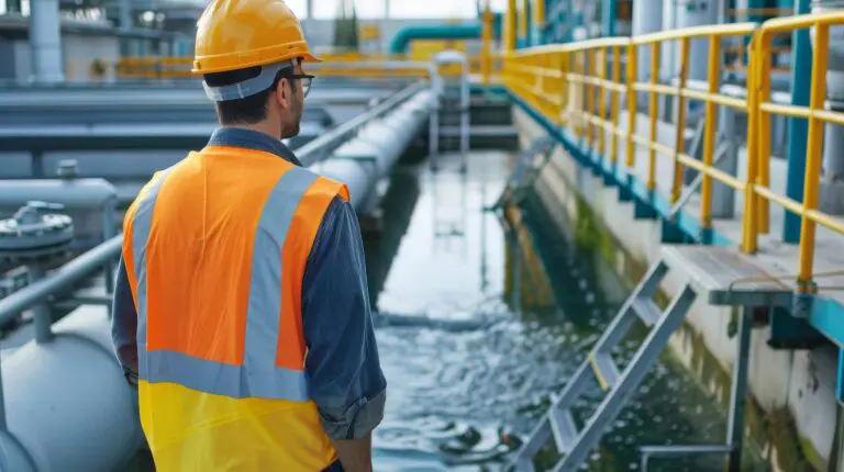 waste water treatment plant inspection service engineer and worker industrial background with pumps