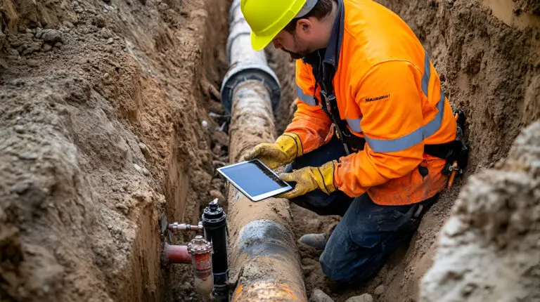Engineer in high-visibility gear using a tablet to inspect underground pipelines in a trench. This image showcases the critical work of monitoring and maintaining infrastructure