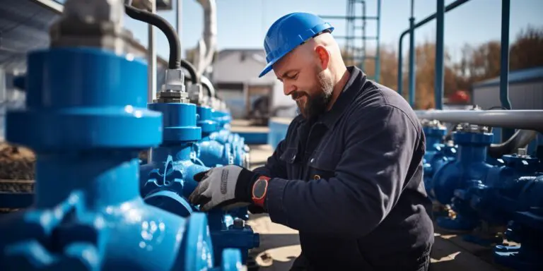 An employee at a water facility checks valves for clean water distribution in a substation at a major industrial site. Water pipes. Industrial plumbing