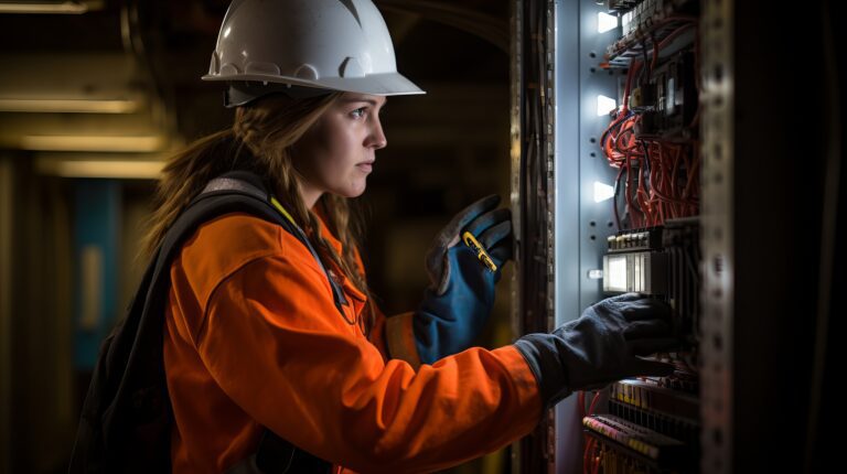 Professional female electrician in safety gear fixing a fuse box in a commercial building