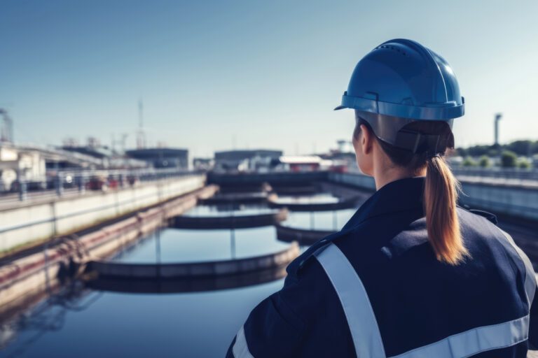 Woman Guard On Defocused Background Water Treatment Plants