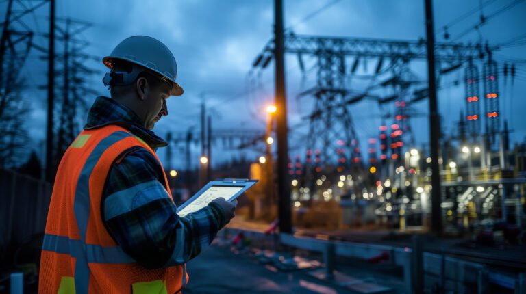 An engineer in a reflective vest uses a tablet to check systems at a power grid substation during twilight