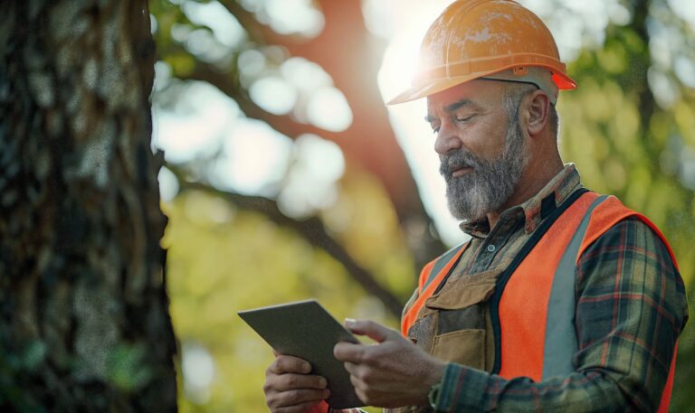 Mature construction Landscape crew manager using a tablet on the job site, small business owner, outdoors, management software, tree care, arborist, green industry