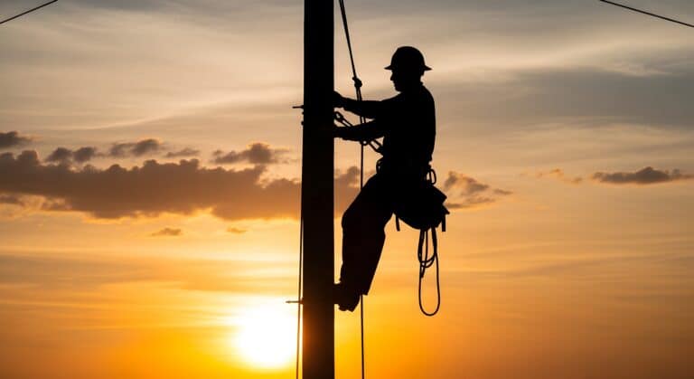 Lineman working on a power pole at sunset