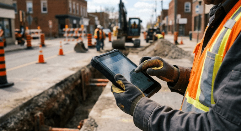 Firefly_Gemini Flash_an image of a utility worker at a road repair-street excavation on a main street hold 585594