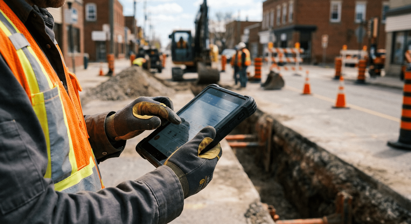 Utility worker at a street excavation on a main road