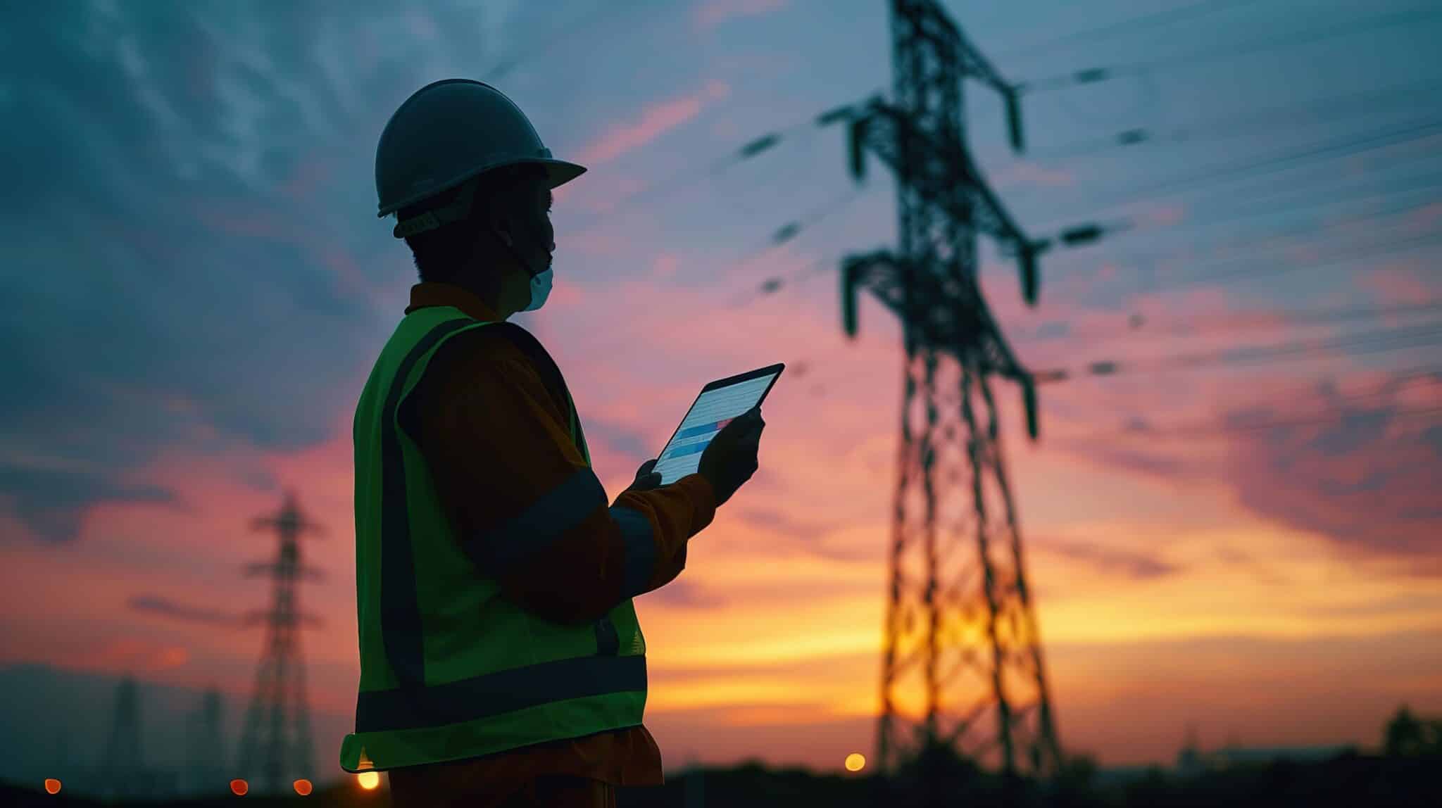 Utility worker with tablet at transmission pylon at dusk
