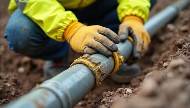 Worker in yellow jacket fixes underground gas pipe joint. Hands wear gloves, holding pipe section, connecting pipes. Construction site excavates earth for utility line repair