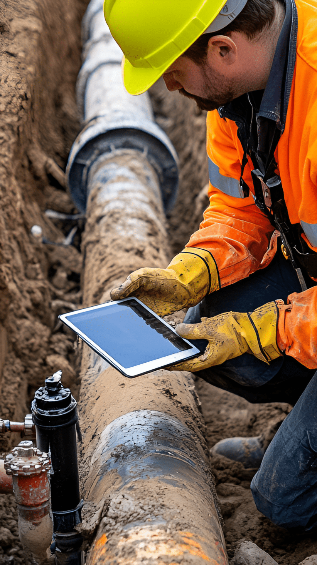 Utility worker with tablet at transmission pylon at dusk