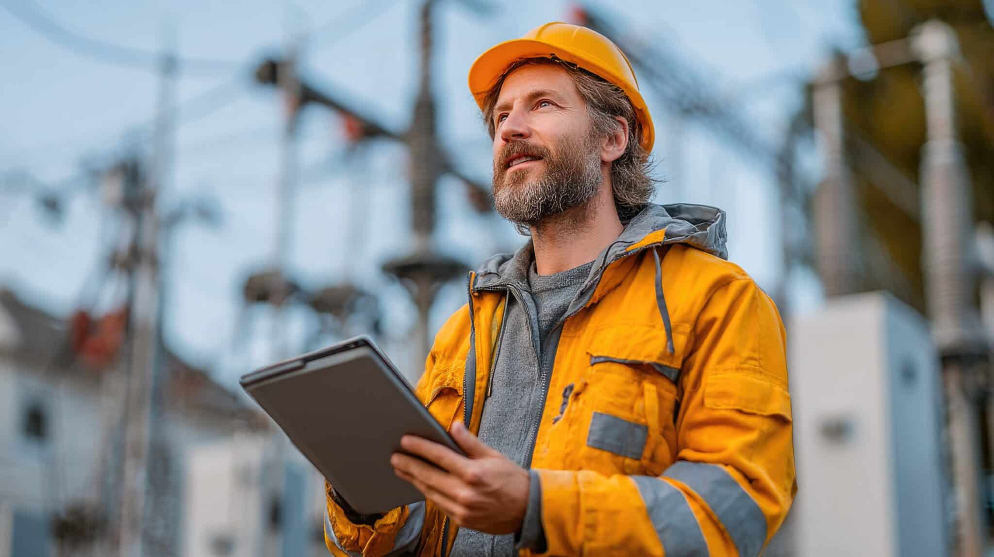 Engineer in safety gear inspecting a construction site with a tablet