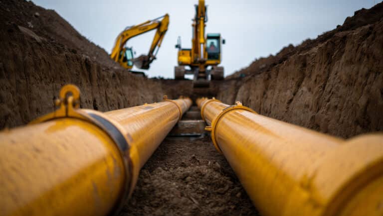 New yellow pipes are carefully installed in a deep trench for essential infrastructure development
