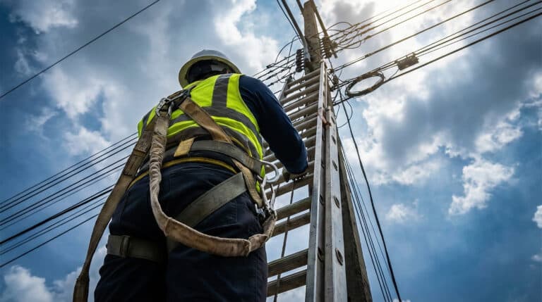 Utility worker climbing ladder to service power lines against blue sky, representing electrical maintenance, infrastructure work, and safety in energy distribution systems