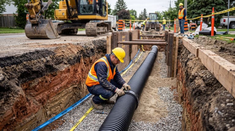 Construction workers installing a large black drainage pipe in a deep trench on a sunny day