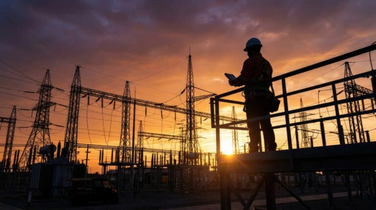 A lone worker stands on a platform overlooking an electrical substation at sunset. He is examining a tablet, likely reviewing data or monitoring equipment