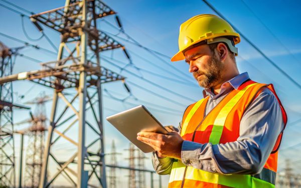 Power Line Inspector Using Tablet, High Voltage , Electricity , Infrastructure Power Line Inspector Using Tablet, High Voltage , Electricity , Infrastructure