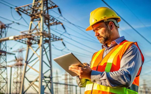 Power Line Inspector Using Tablet, High Voltage , Electricity , Infrastructure