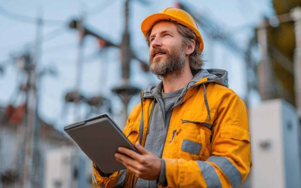 Engineer in safety gear inspecting site with tablet